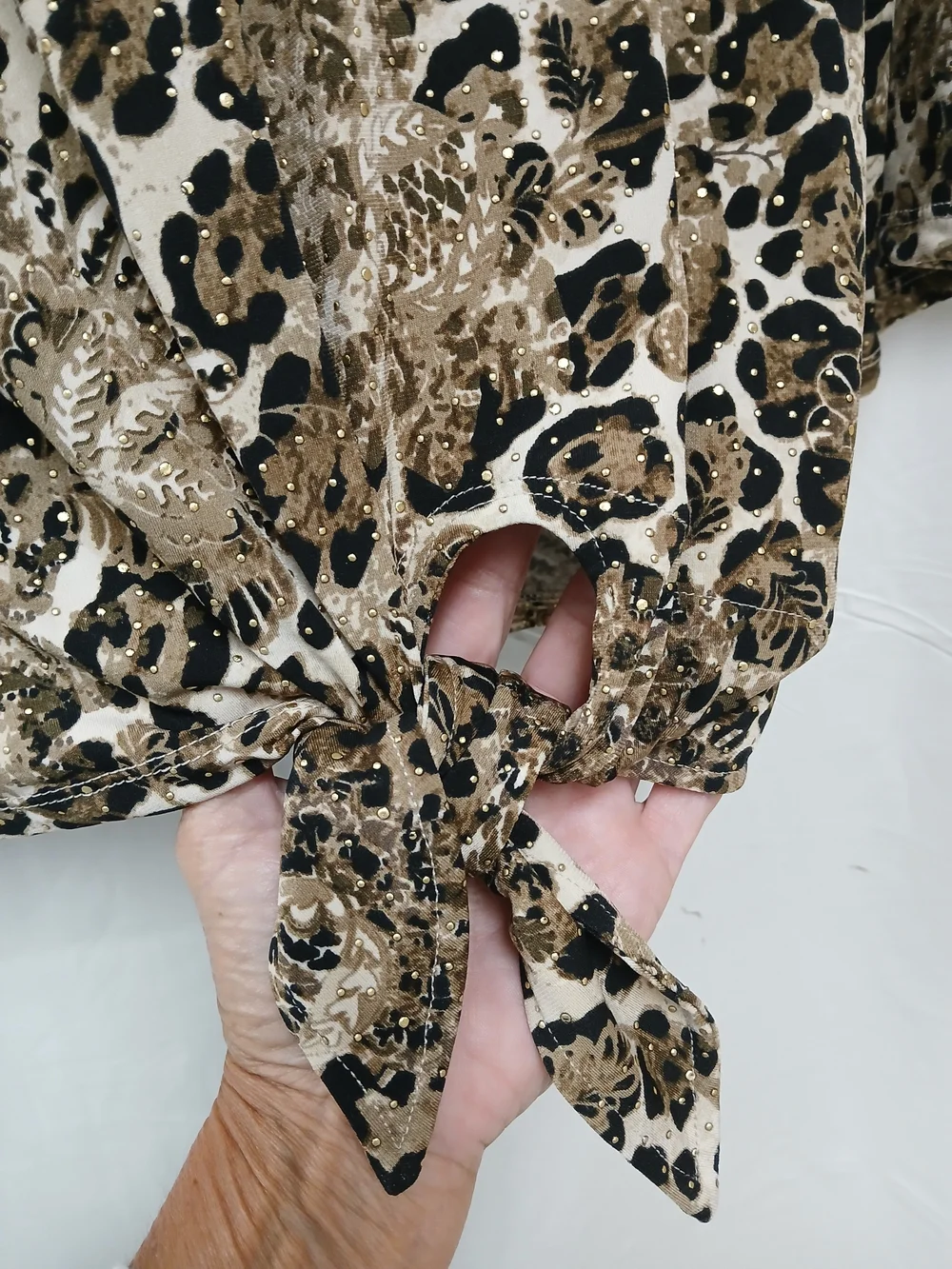 Ruby Rd. Leopard Print Tie-Front Long Sleeve Top in Tan and Black